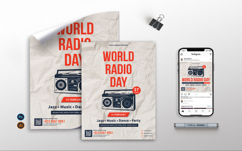 Download Фирменный стиль "World Radio Day vol.02 - Flyer, Poster &amp; Instagram RB" / World Radio Day vol.02 - Flyer, Poster &amp; Instagram RB - Фирменный стиль на тему графика radio,radio day,world,event,party,retro,print,template,flyer,poster,instagram,psd,ai