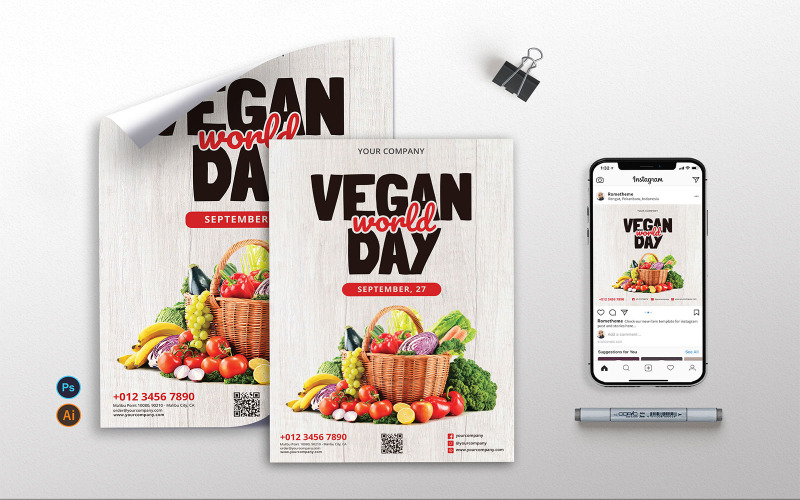 Download Фирменный стиль "World Vegan Day vol.02 - Flyer, Poster &amp; Instagram RB" / World Vegan Day vol.02 - Flyer, Poster &amp; Instagram RB - Фирменный стиль на тему графика vegan,vegetables,health,farm,world,event,party,festival,print,template,flyer,poster,instagram,psd,ai