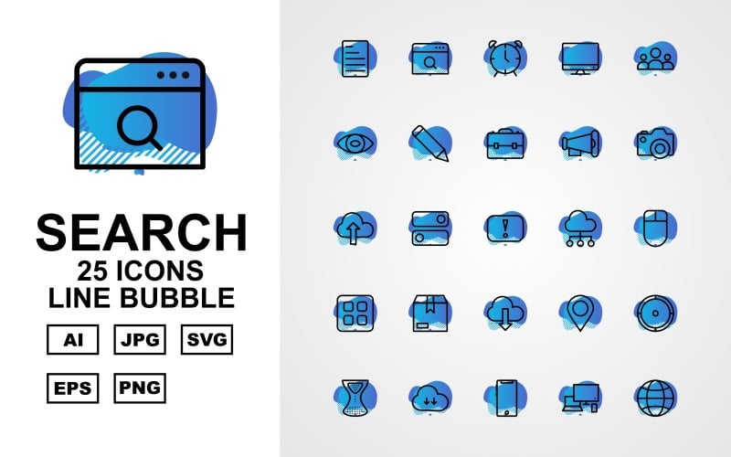 25 Conjunto de iconos de paquete de burbujas de línea Premium Search Engine Optimization (SEO)