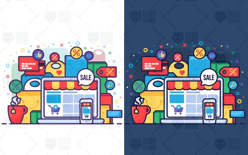Download Vector "Online Sale In Shop Concept - Vector Image" / Online Sale In Shop Concept - Vector Image - Vector на тему графика online,shopping,vector,illustration,shop,concept,store,retail,phone,flat,service,ecommerce,design,cart,laptop,sale,mobile,commerce,payment,background