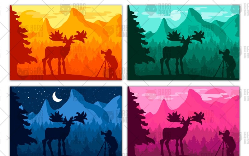 Download Vector "Photographer Photographs Deer - Vector Image" / Photographer Photographs Deer - Vector Image - Vector на тему графика wildlife,wild,photographer,photo,deer,reindeer,moose,green,forest,scene,landscape,hill,animal,photography,travel,mountain,land,sun,sunset,night