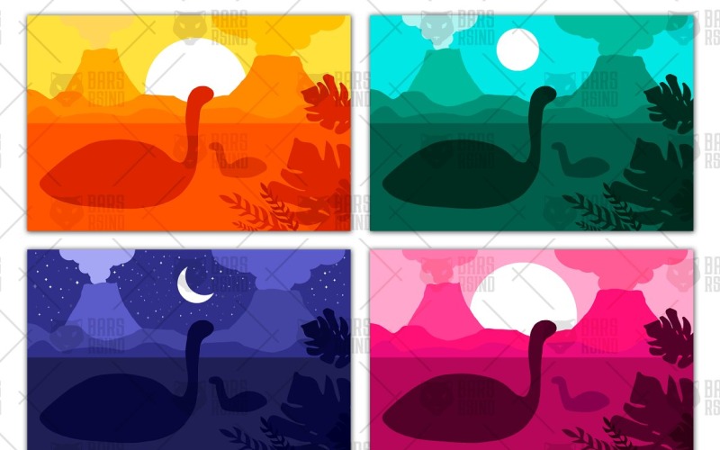 Download Vector "Swimming Dinosaurs In Ocean - Vector Image" / Swimming Dinosaurs In Ocean - Vector Image - Vector на тему графика flat,wildlife,wild,swimming,loch ness,reptile,dinosaur,monster,scene,landscape,animal,volcano,lake,sea,creature,prehistoric,mountain,pink,land,sunset