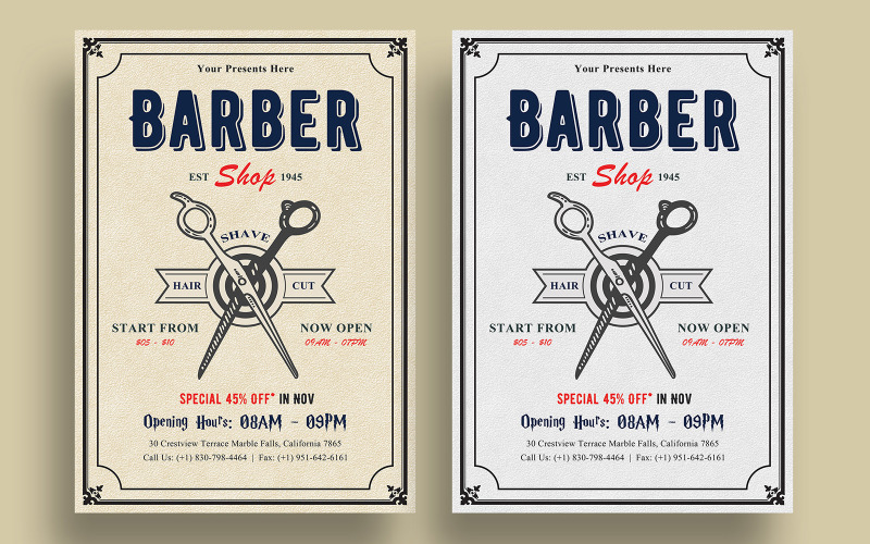 Download Фирменный стиль "Dursley - Barber Shop Flyer Design - Corporate Identity Template" / Dursley - Barber Shop Flyer Design - Corporate Identity Template - Фирменный стиль на тему графика barber,salon,haircut,flyer,vintage,shaving,special,retro,poster,print,brochure,template,event,illustration,marketing