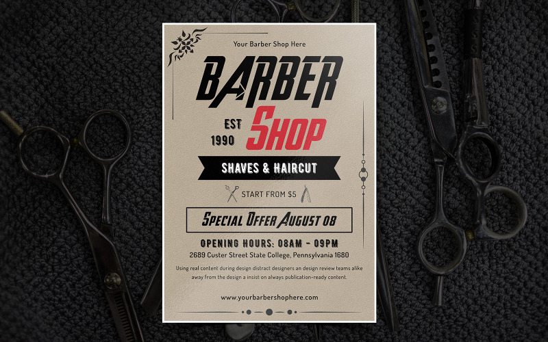 Download Фирменный стиль "Shortcake - Barber Shop Flyer Design - Corporate Identity Template" / Shortcake - Barber Shop Flyer Design - Corporate Identity Template - Фирменный стиль на тему графика barber,salon,haircut,flyer,vintage,shaving,special,retro,poster,print,brochure,template,event,illustration,marketing