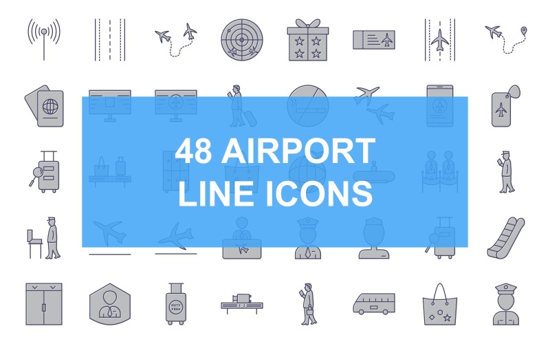 Download Набор иконок "48 Airport Line Filled Iconset" / 48 Airport Line Filled Iconset - Набор иконок на тему travel walking with luggage,waiting,vip passenger,ticket and passport,taxi stand,snacks,seats in plane,seat belt,runway,round travel flights,radar screen,presents,plane tickets,plane on runway,plane