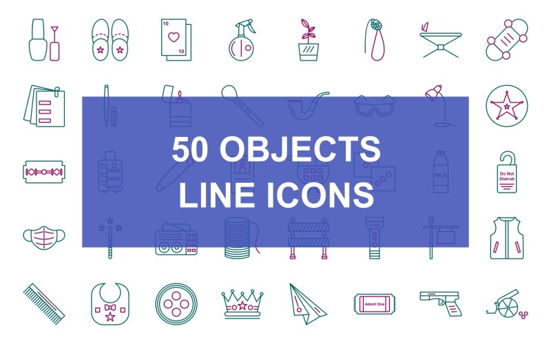 Conjunto de ícones de duas cores com 50 objetos