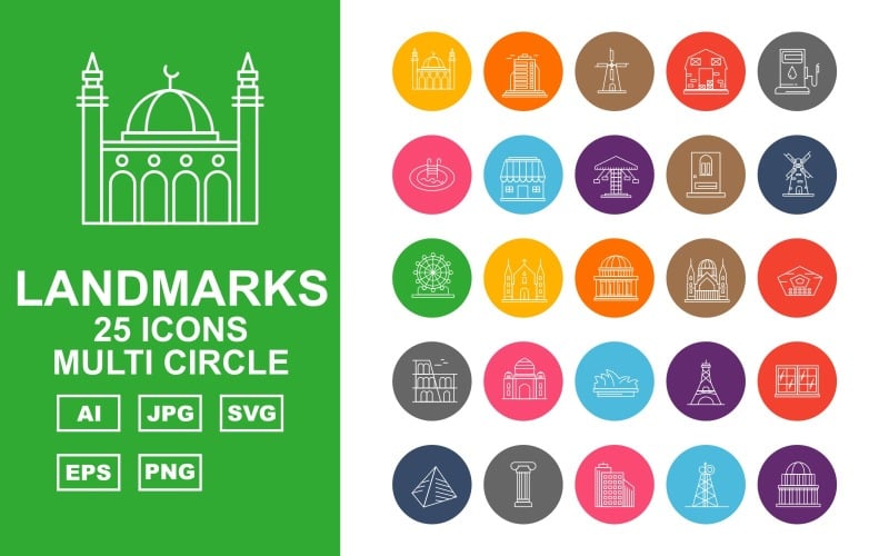 Conjunto de ícones do Multi Circle Pack de 25 prédios e pontos de referência premium