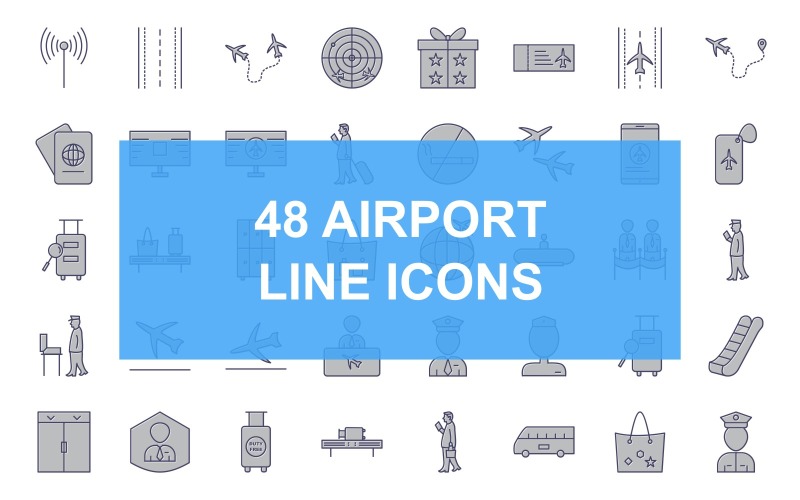 48 Conjunto de ícones preenchidos com linha de aeroporto