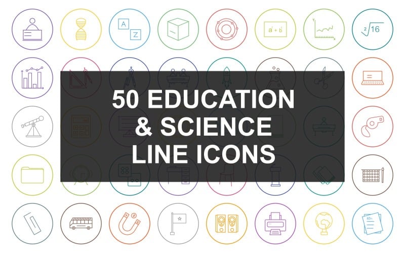 50 Ensemble d'icônes de cercle rond ligne éducation et science