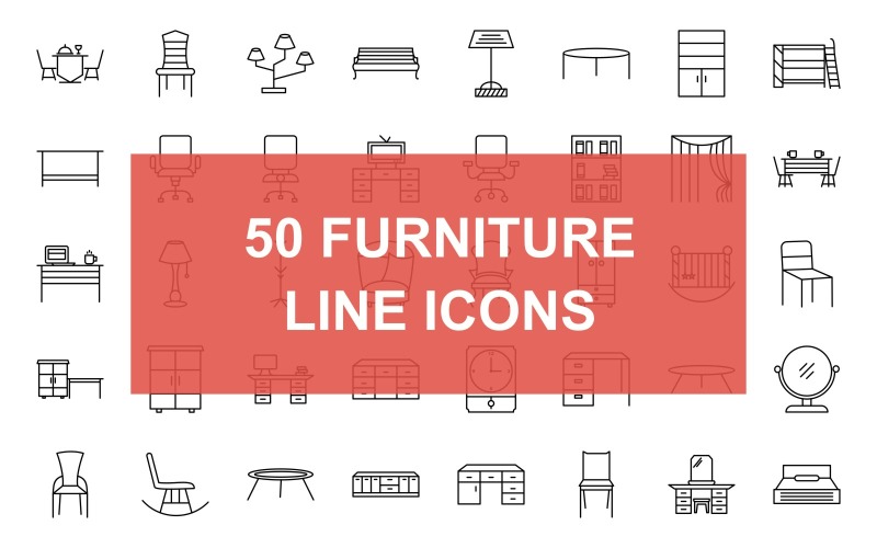 Download Набор иконок "50 Furniture Line Black Iconset" / 50 Furniture Line Black Iconset - Набор иконок на тему baby dinner table,television set,baby cot,rocking chair,lunch table,studying desk,office desk,tea table,conference table,conference room chair,lamps stand,bench,stand,stool,cupboard with shelves,b
