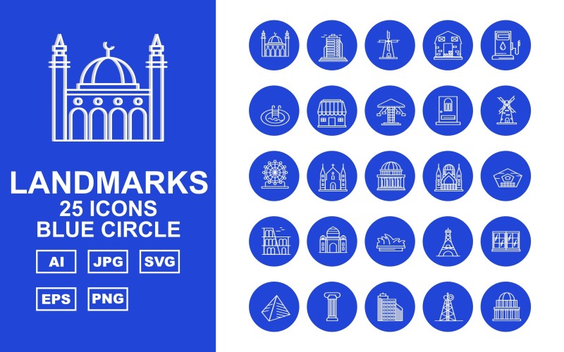 Набор иконок 25 премиальных зданий и достопримечательностей с синим кругом