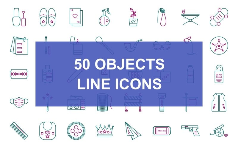 Download Набор иконок "50 Objects Line Two Color Iconset" / 50 Objects Line Two Color Iconset - Набор иконок на тему military nail polish,blush on brush,milk bottle,baby bib,perfume bottle,sand glass,mailbox,walking stick,chessboard,slippers,cards,water spray bottle,flower pot,rope,iron stand,skateboard,attached doc