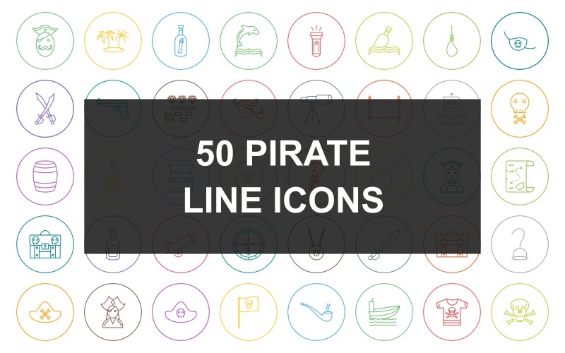 50 Pirate Line Ronde Cirkel Icon set
