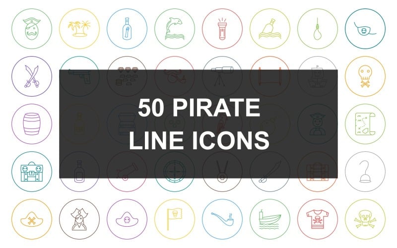 50 Piratenlinie runder Kreis-Icon-Set