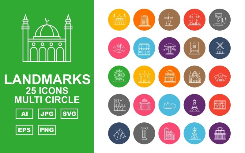 25 преміум-будівель та визначних пам'яток Multi Circle Pack Iconset