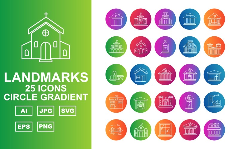 Download Набор иконок "25 Premium Building &amp; Landmarks Circle Gradient Iconset" / 25 Premium Building &amp; Landmarks Circle Gradient Iconset - Набор иконок на тему финансы home,window,door,column,building,tower,government,school,hospital,bank,library,university,church,cemetry,hotel,prison,emergency clinic,theater,museum,warehouse