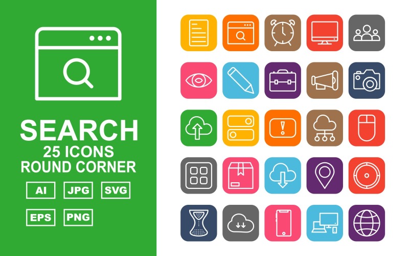 25 Преміум оптимізація пошукової системи (SEO) Круглий куточок Iconset