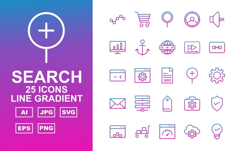 25 Преміум-оптимізація пошукової системи (SEO) Line Gradient Iconset