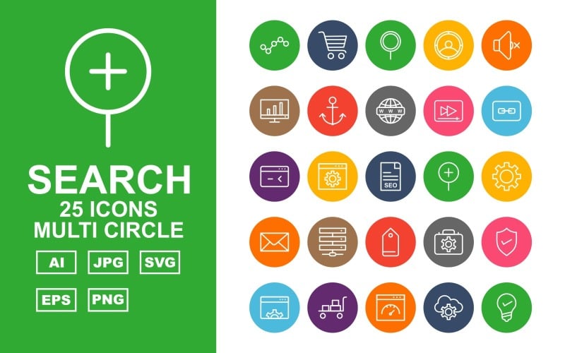 25 Premium Search Engine Optimization (SEO) Conjunto de iconos de múltiples círculos