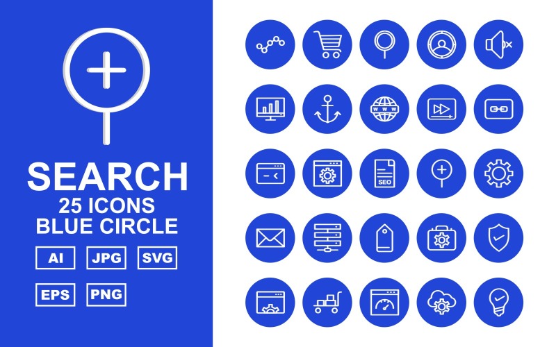 25 Premium zoekmachineoptimalisatie (SEO) Blue Circle Iconset