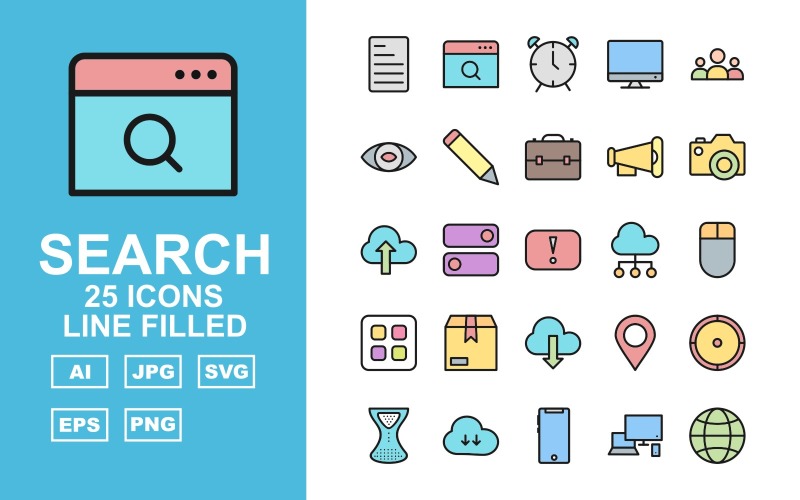 25 Premium zoekmachineoptimalisatie (SEO) Line Filled Pack Iconset