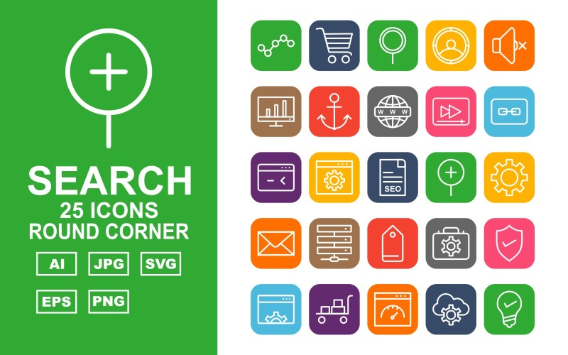 25 Premium zoekmachineoptimalisatie (SEO) Round Corner Iconset