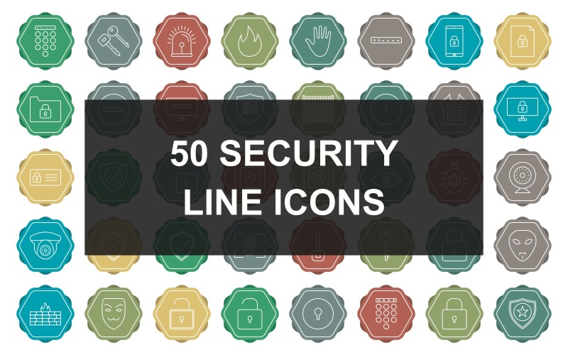 Download Набор иконок "50 Security Line Multicolor Background Iconset" / 50 Security Line Multicolor Background Iconset - Набор иконок на тему security passcode lock,secure server,bug fixing,hacker mask,umbrella,no entry sign,identity card,fingerprint lock,keys,siren,fire,hand,enter passcode,secure device,secure document,secure folder,passwo