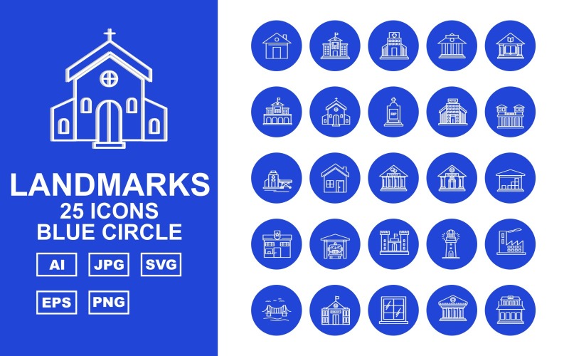 25 set di icone del cerchio blu di edifici e punti di riferimento premium