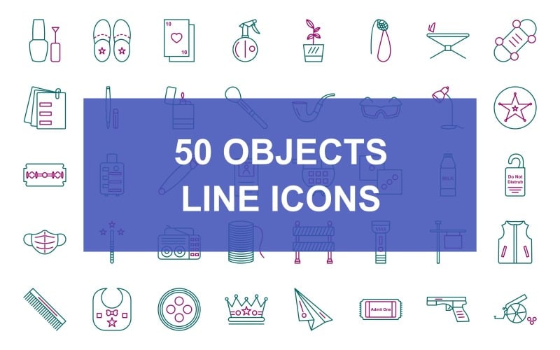 Set di icone di 50 oggetti linea due colori