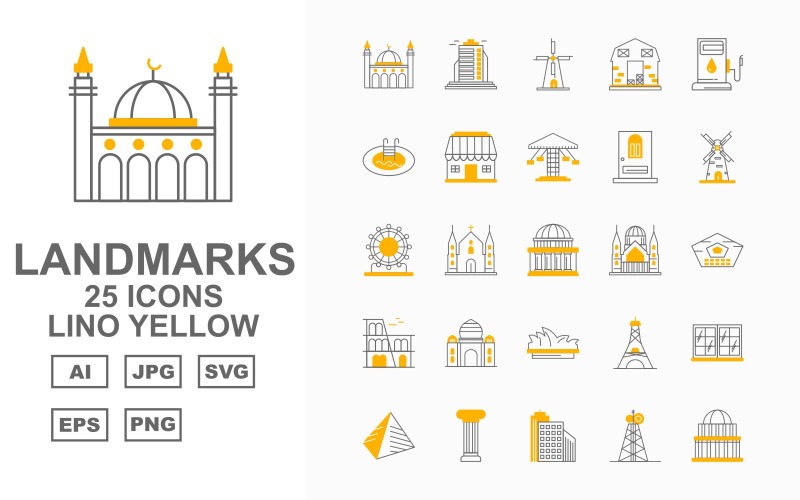 25 Set di icone Premium Lino Yellow Pack per edifici e punti di riferimento