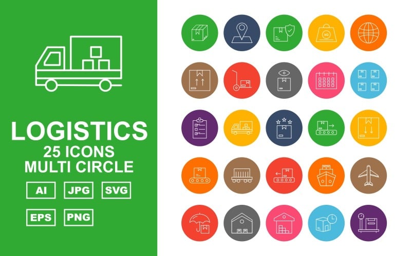 25 Conjunto de ícones de múltiplos círculos de logística premium
