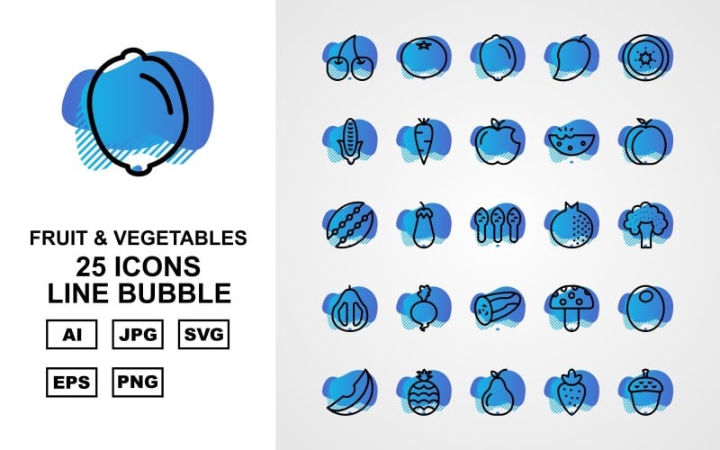 Ensemble d'icônes à bulles 25 Premium Fruit & Vegetables Line