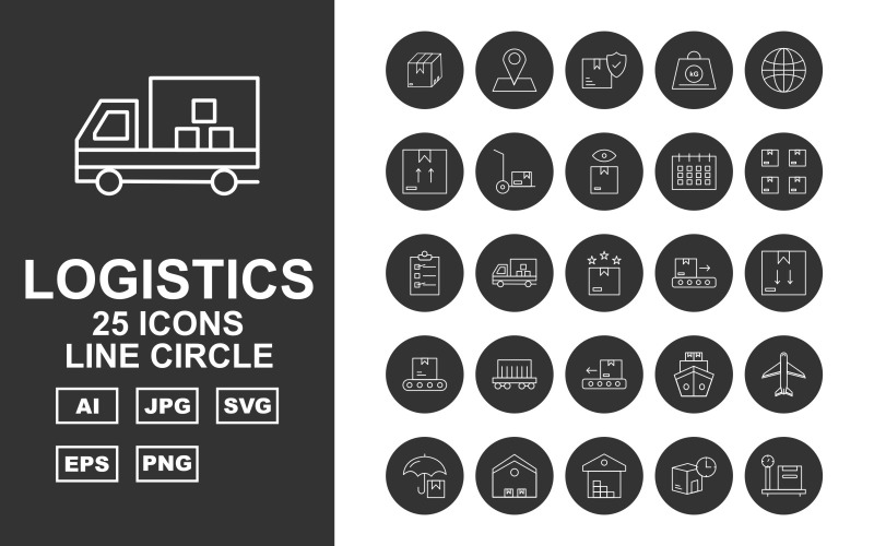 25 Iconset del cerchio della linea logistica premium