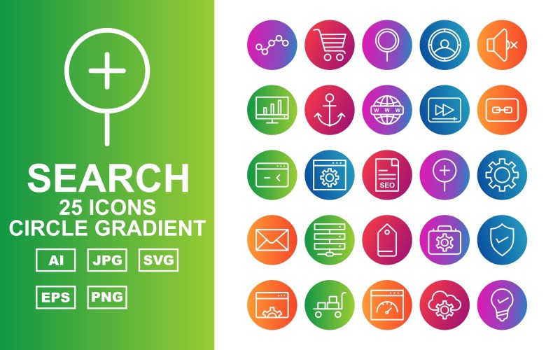 25 Premium Arama Motoru Optimizasyonu (SEO) Circle Gradient Iconset