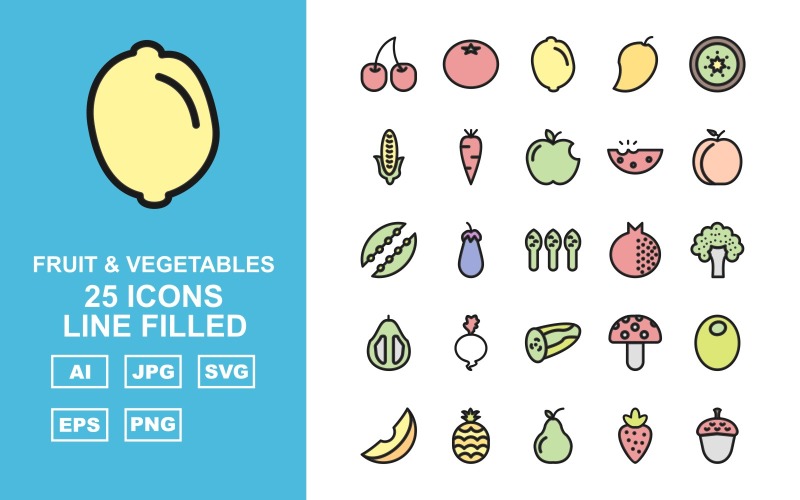 Download Набор иконок "25 Premium Fruit &amp; Vegetables Line Filled Iconset" / 25 Premium Fruit &amp; Vegetables Line Filled Iconset - Набор иконок на тему nature cherry,eggplant,pear,acorn,onion,paprika,peppers,grapes,tomato,lemon,mango,kiwi,corn,carrot,apple,watermelon,peach,peas,asparagus,pomegranate