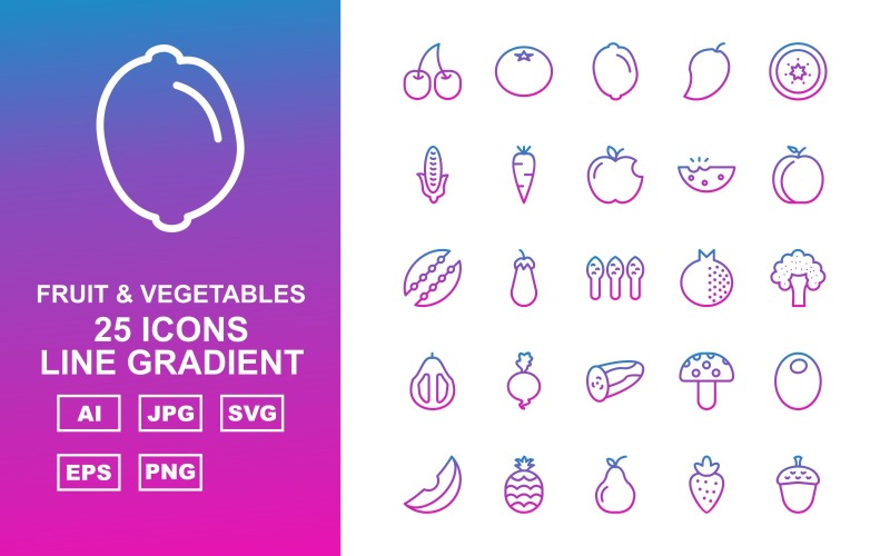 Download Набор иконок "25 Premium Fruit &amp; Vegetables Line Gradient Iconset" / 25 Premium Fruit &amp; Vegetables Line Gradient Iconset - Набор иконок на тему nature cherry,eggplant,pear,acorn,onion,paprika,peppers,grapes,tomato,lemon,mango,kiwi,corn,carrot,apple,watermelon,peach,peas,asparagus,pomegranate