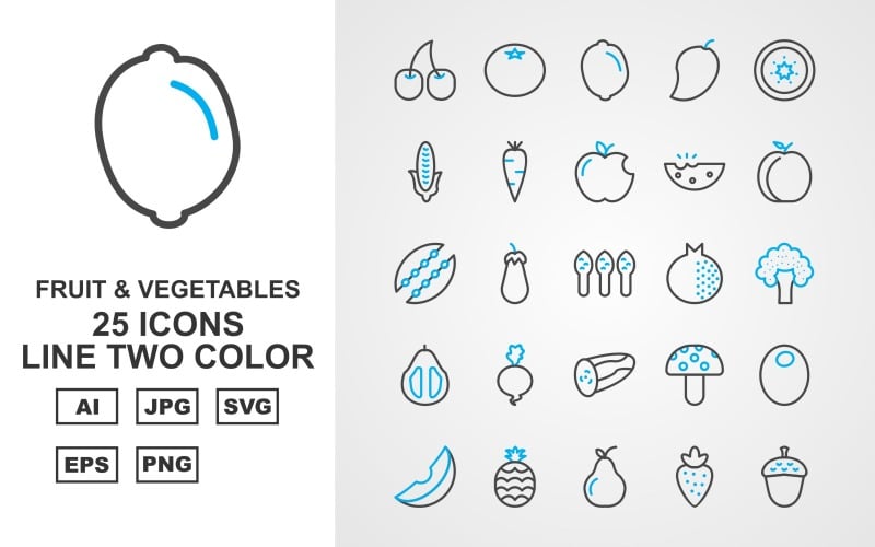 Download Набор иконок "25 Premium Fruit &amp; Vegetables Line Two Color Iconset" / 25 Premium Fruit &amp; Vegetables Line Two Color Iconset - Набор иконок на тему nature cherry,eggplant,pear,acorn,onion,paprika,peppers,grapes,tomato,lemon,mango,kiwi,corn,carrot,apple,watermelon,peach,peas,asparagus,pomegranate