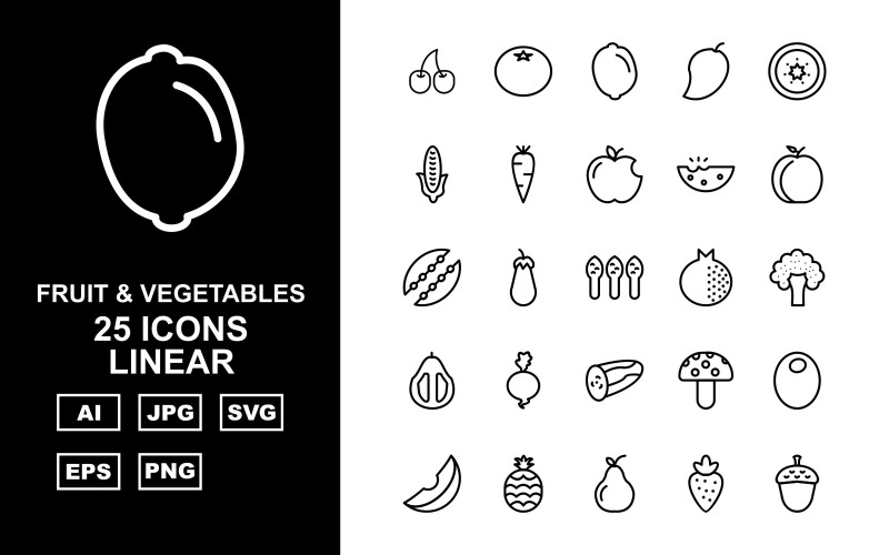 Download Набор иконок "25 Premium Fruit &amp; Vegetables Linear Iconset" / 25 Premium Fruit &amp; Vegetables Linear Iconset - Набор иконок на тему nature cherry,eggplant,pear,acorn,onion,paprika,peppers,grapes,tomato,lemon,mango,kiwi,corn,carrot,apple,watermelon,peach,peas,asparagus,pomegranate