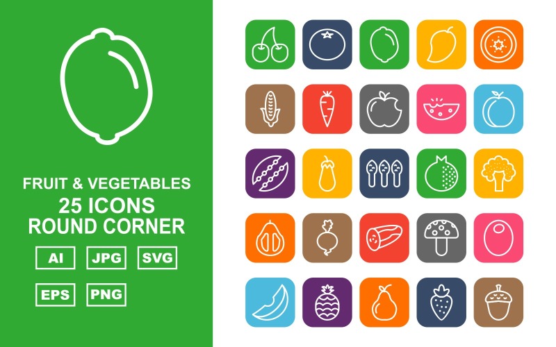 Download Набор иконок "25 Premium Fruit &amp; Vegetables Round Corner Iconset" / 25 Premium Fruit &amp; Vegetables Round Corner Iconset - Набор иконок на тему nature cherry,eggplant,pear,acorn,onion,paprika,peppers,grapes,tomato,lemon,mango,kiwi,corn,carrot,apple,watermelon,peach,peas,asparagus,pomegranate
