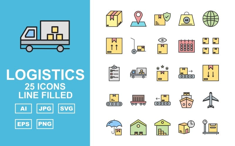 Download Набор иконок "25 Premium Logistics Line Filled Iconset" / 25 Premium Logistics Line Filled Iconset - Набор иконок на тему industrial box,delivery truck,ship,airplane,protection,warehouse,delivery on time,weighting,address,logistics protection,kg,global,trolley,logistics look,calendar,package,checklist,logistics rating,conv