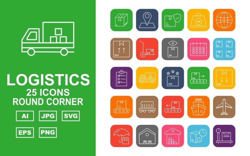 Download Набор иконок "25 Premium Logistics Round Corner Iconset" / 25 Premium Logistics Round Corner Iconset - Набор иконок на тему industrial box,delivery truck,ship,airplane,protection,warehouse,delivery on time,weighting,address,logistics protection,kg,global,trolley,logistics look,calendar,package,checklist,logistics rating,conv