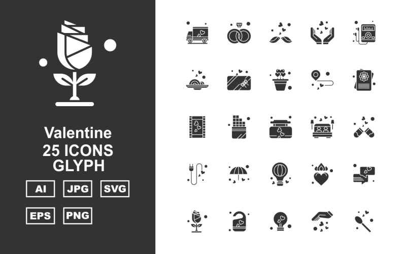 Download Набор иконок "25 Premium Valentine Glyph Iconset" / 25 Premium Valentine Glyph Iconset - Набор иконок на тему culture van,face wish,heart,chat,flower,lock,bulb,hand,spoon,ring,bird,mp3,disk,gift,pot,love point,document,film clip,perfume,bed room