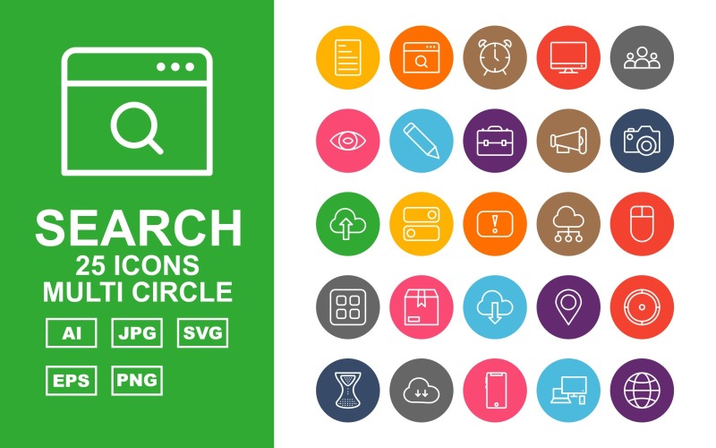 25 Premium zoekmachineoptimalisatie (SEO) Multi Circle Pack Iconset