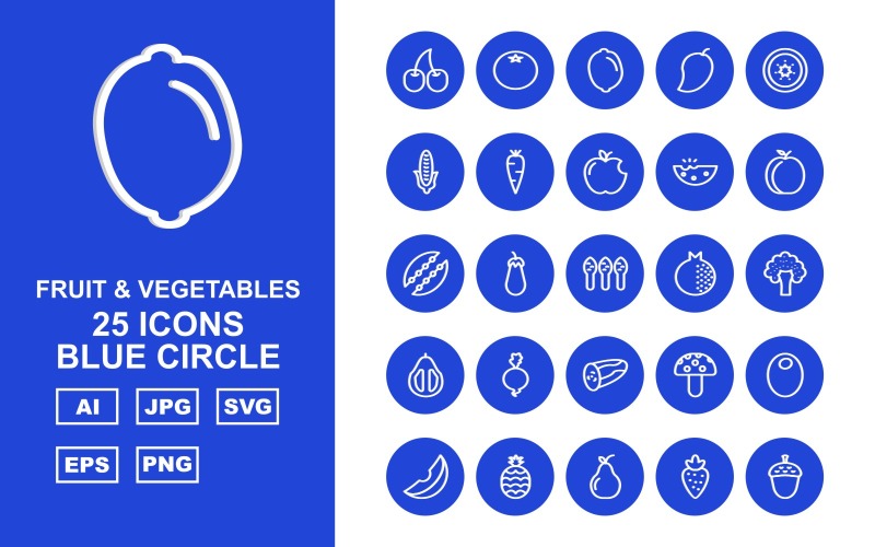 25 set di icone cerchio blu di frutta e verdura premium