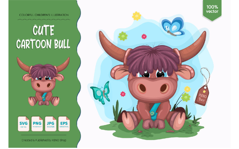 Download Vector "Cute Cartoon Bull - Vector Image" / Cute Cartoon Bull - Vector Image - Vector на тему графика cartoon,funny,cute,bull,art,isolated,cattle,graphic,cow,illustration,butterflies,animal,vector,happy,character,mammal,adorable,baby,happiness,nature