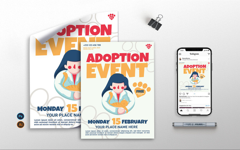 Download Фирменный стиль "Adoption Event - Flyer, Poster &amp; Instagram - Corporate Identity Template" / Adoption Event - Flyer, Poster &amp; Instagram - Corporate Identity Template - Фирменный стиль на тему графика adoption,adoption day,event,pet,kitten,puppy,cat,dog,cute,prints,flyer,poster,instagram post,illustration,vector,template,psd,ai