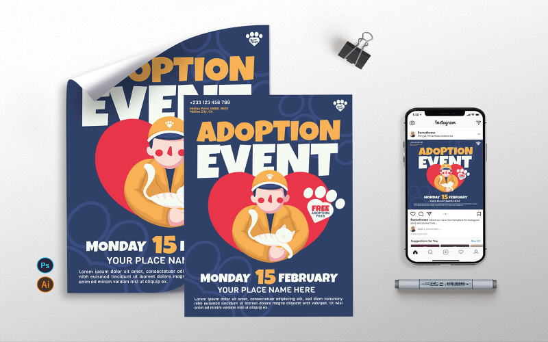 Download Фирменный стиль "Adoption Event vol.2 - Flyer, Poster &amp; Instagram GR" / Adoption Event vol.2 - Flyer, Poster &amp; Instagram GR - Фирменный стиль на тему графика adoption,adoption day,event,pet,kitten,puppy,cat,dog,cute,prints,flyer,poster,instagram post,illustration,vector,template,psd,ai