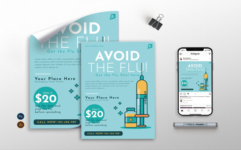 Download Фирменный стиль "Flu Vaccine v2 - Flyer, Poster &amp; Instagram GR - Corporate Identity Template" / Flu Vaccine v2 - Flyer, Poster &amp; Instagram GR - Corporate Identity Template - Фирменный стиль на тему графика vaccine,health,covid,flu,medic,clinic,prints,flyer,poster,instagram post,illustration,vector,template,psd,ai