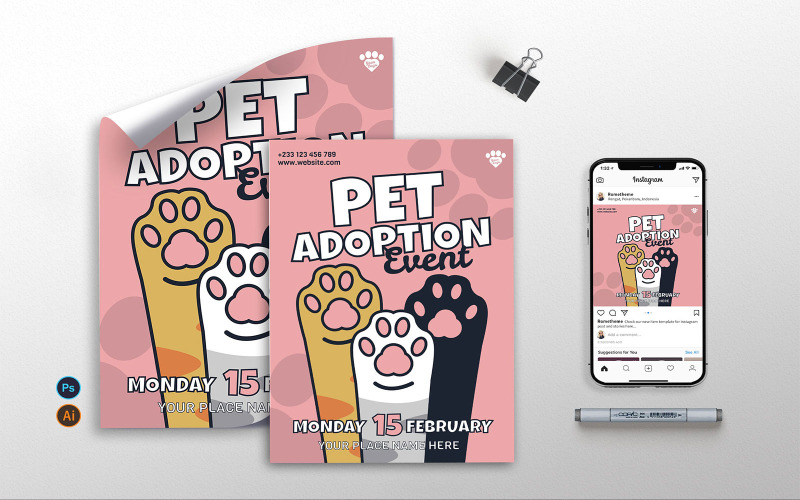 Download Фирменный стиль "Pet Adoption Event - Flyer, Poster &amp; Instagram GR" / Pet Adoption Event - Flyer, Poster &amp; Instagram GR - Фирменный стиль на тему графика adoption,adoption day,event,pet,kitten,puppy,cat,dog,cute,prints,flyer,poster,instagram post,illustration,vector,template,psd,ai