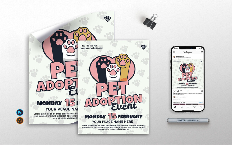 Download Фирменный стиль "Pet Adoption Event v2 - Flyer, Poster &amp; Instagram GR" / Pet Adoption Event v2 - Flyer, Poster &amp; Instagram GR - Фирменный стиль на тему графика adoption,adoption day,event,pet,kitten,puppy,cat,dog,cute,prints,flyer,poster,instagram post,illustration,vector,template,psd,ai